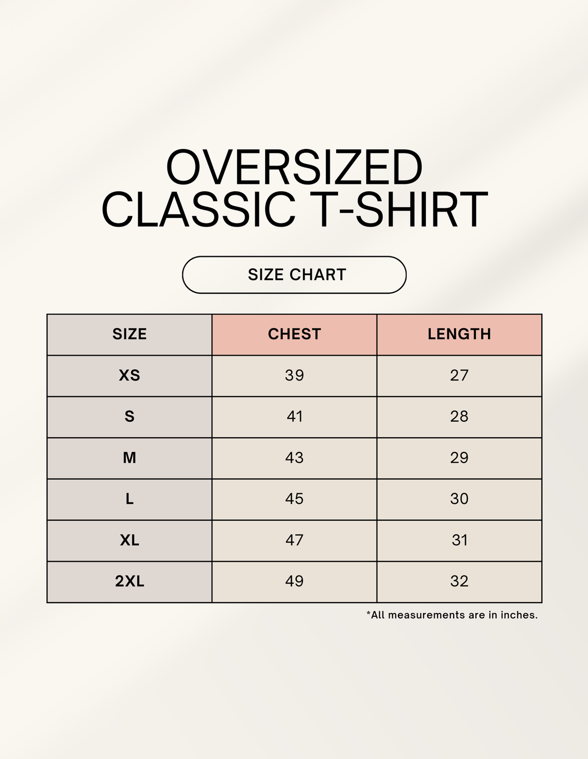 Praise Oversized Classic T-Shirt size chart